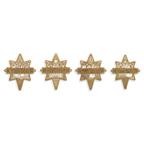 Four different star of Bethlehem shaped napkin rings with various nativity scenes in the star shape.