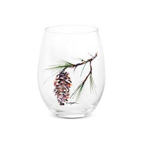 A clear stemless wine glass with a watercolor image of a white pine branch.