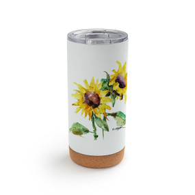 A white cork bottom tumbler with a watercolor image of bright yellow sunflowers.