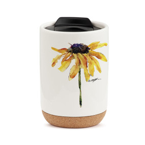 A white travel mug with a cork base, a black lid, and a watercolor image of a black eyed susan.