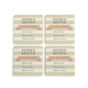 A set of four light green and white square ceramic coasters that say "Pooh's Motto for a great vacation"