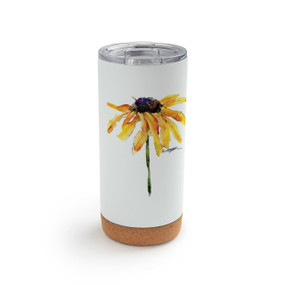 A white cork bottom tumbler with a watercolor image of a black eyed susan.