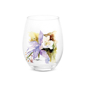 A clear stemless wine glass with a watercolor image of a columbine.