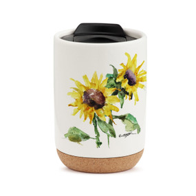 A white travel mug with a cork base, a black lid, and a watercolor image of yellow sunflowers.