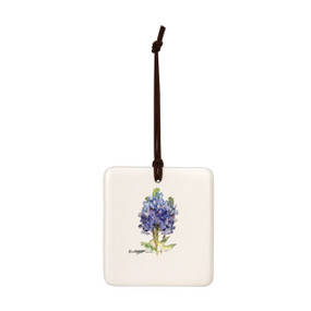 A square cream hanging tile magnet ornament with a watercolor image of a bluebonnet.