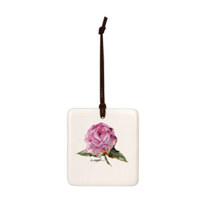 A square cream hanging tile magnet ornament with a watercolor image of a pink rose.