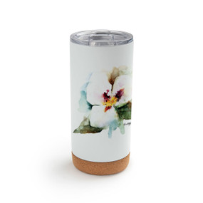 A white cork bottom tumbler with a watercolor image of a white lily flower.
