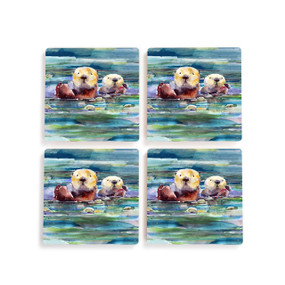 A set of four square ceramic coasters with a watercolor image of two otters in the water.