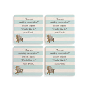 A set of four light blue and white striped square ceramic coasters that say "Are we making memories?" asked Piglet. "Feels like it," said Pooh, with an image of Pooh and Piglet on a chair.