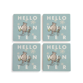A set of four blue square ceramic coasters that say "Hello Winter". There are snowflakes and an image of Pooh and Piglet walking with skis.