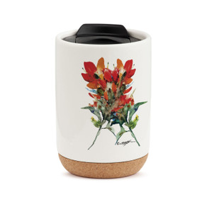 A white travel mug with a cork base, a black lid, and a watercolor image of an Indian paintbrush.