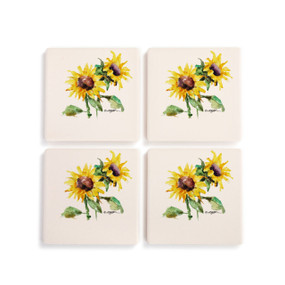 A set of four ceramic square coasters with a watercolor image of yellow sunflowers.