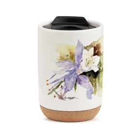 A white travel mug with a cork base, a black lid, and a watercolor image of a columbine.