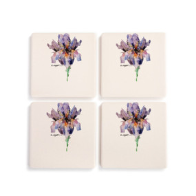 A set of four ceramic square coasters with a watercolor image of a purple iris.