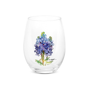 A clear stemless wine glass with a watercolor image of a bluebonnet.