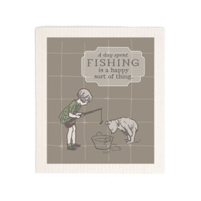 A brown biodegradable dish cloth that says "A day spent Fishing is a happy sort of thing" with an image of Pooh and Christopher Robin fishing in a tub.