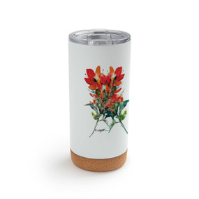 A white cork bottom tumbler with a watercolor image of an indian paintbrush.