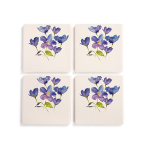 A set of four ceramic square coasters with a watercolor image of a violet.