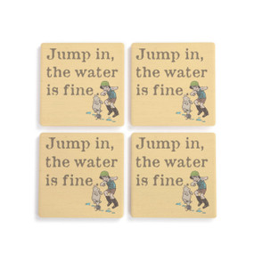 A set of four yellow square ceramic coasters that say "Junp in, the water is fine" with an image of Christopher Robin and Pooh jumping in water puddles.