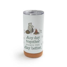 A white cork bottom tumbler with a clear plastic lid. The tumbler has an image of Pooh and Piglet in front of a campfire and says "Any day together Makes The day better".