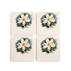 A set of four ceramic square coasters with a watercolor image of a white magnolia.