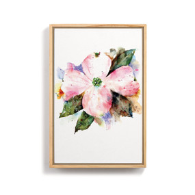 A light wood framed wall art of a watercolor blooming American dogwood.