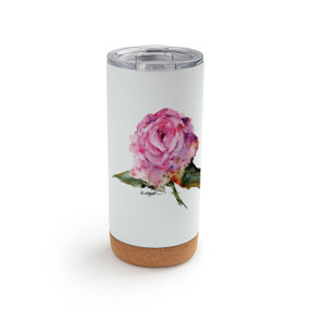 A white cork bottom tumbler with a watercolor image of a pink rose.
