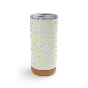 A white cork bottom tumbler with a clear plastic lid. The tumbler has a colorful confetti pattern.