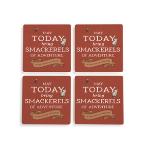 A set of four red square ceramic coasters that say "May Today bring Smackerels of Adventure in the great outdoors" with small images of Pooh and Piglet.