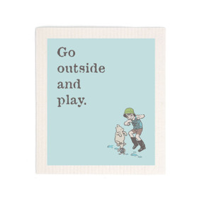 A light blue biodegradable dish cloth that says "Go outside and play" with an image of Pooh, Christopher Robin and Piglet jumping in water puddles.