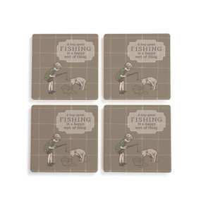 A set of four brown square ceramic coasters that say "A day spent Fishing is a happy sort of thing" with an image of Christopher Robin and Pooh fishing in a tub.