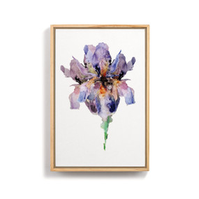 A light wood framed wall art of a watercolor purple iris.