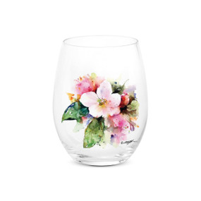 A clear stemless wine glass with a watercolor image of an apple blossom.