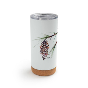 A white cork bottom tumbler with a watercolor image of a pinecone.