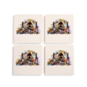 A set of four white ceramic coasters with a watercolor image of an otter.