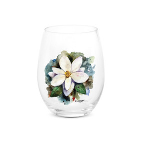 A clear stemless wine glass with a watercolor image of a white magnolia.