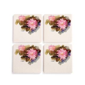 A set of four ceramic square coasters with a watercolor image of a bitterroot.