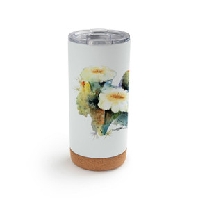 A white cork bottom tumbler with a watercolor image of a flowering saguaro cactus.