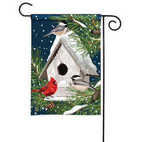 Birdhouse in Winter Garden Flag