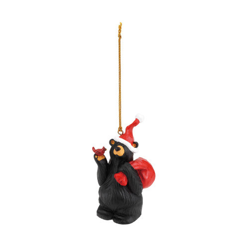 Hanging black bear figurine ornament with red hat and toy bag