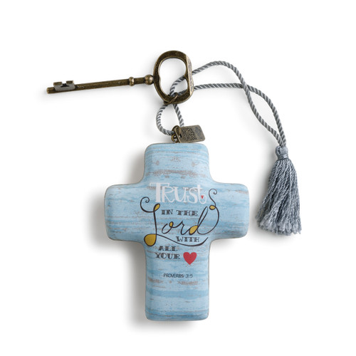 Trust in the Lord with all your heart' on blue chunky cross keychain