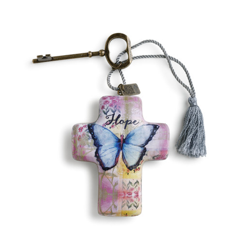 Hope' printed above blue butterfly on light purple/yellow cross keychain