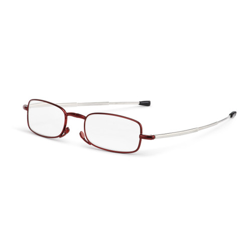 A side view of a pair of foldable +2.00 power burgundy and silver readers.