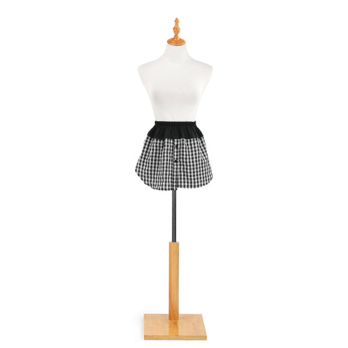 black and white gingham shirt extender with elastic waistband on top on waist of mannequin