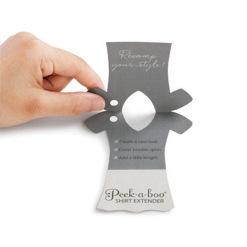 Light grey tag with 'peak a boo shirt extender' on it