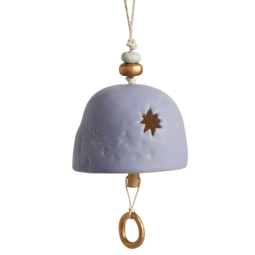 A light purple Inspired Bell" with a star shape cut out, several stars engraved, a twine rope, and gold and wooden beads."