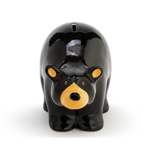 A front facing view of a black bear coin bank.