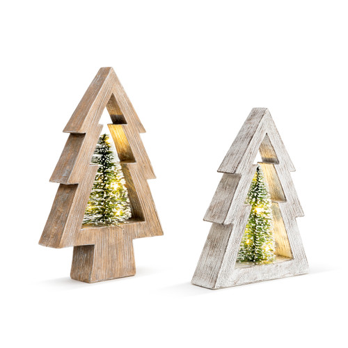 A right facing view of a set of two wooden Christmas trees, one dark washed and one light washed. Each with an illuminated bottle brush tree.