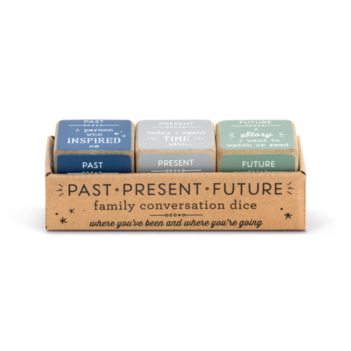 A set of three painted wooden dice, one dark blue, one gray, and one light green, each with a conversation starter, such as A person who inspired me" in white font. Placed in a brown cardboard packaging."