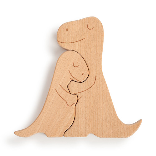 A simple wooden animal puzzle, with two pieces. A large dinosaur and its baby dino nestled together.